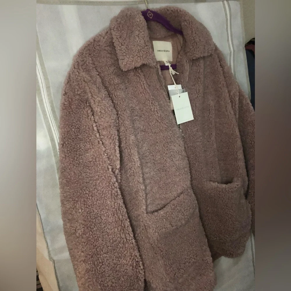 Thread & Supply Teddy Sherpa Full Zip Jacket Coat in Color Adobe Rose - Picture 5 of 12